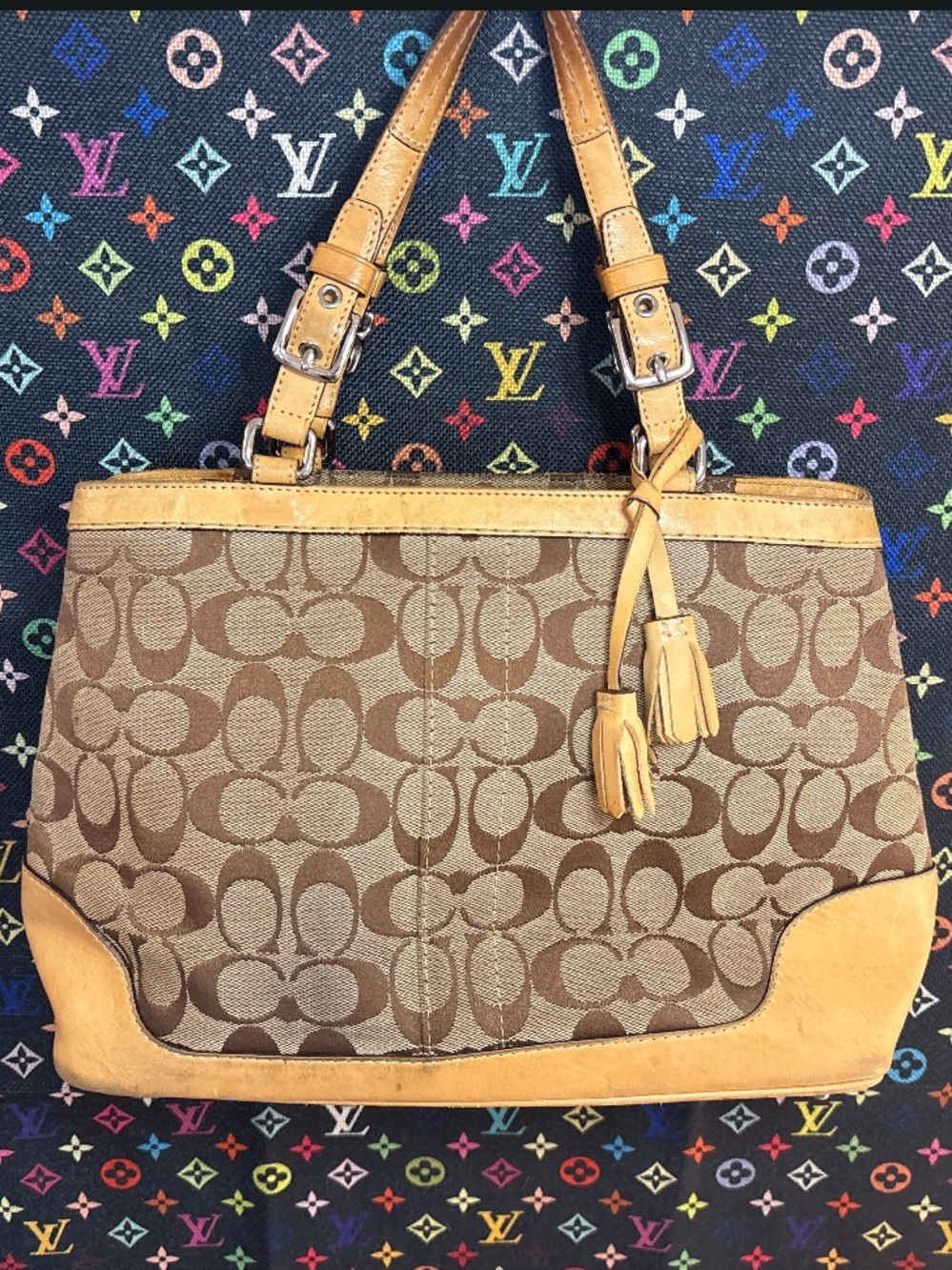 Vintage Coach Signature Canvas Shoulder Tote in Brown and Tan
